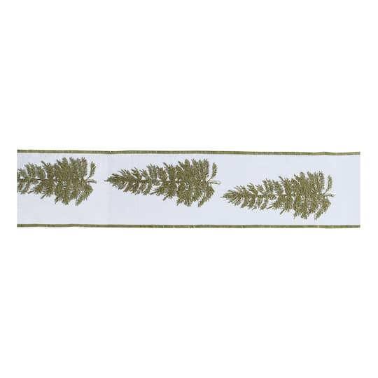 Melrose 4" x 5yd. Green & White Embroidered Pine Branch Wired Ribbon